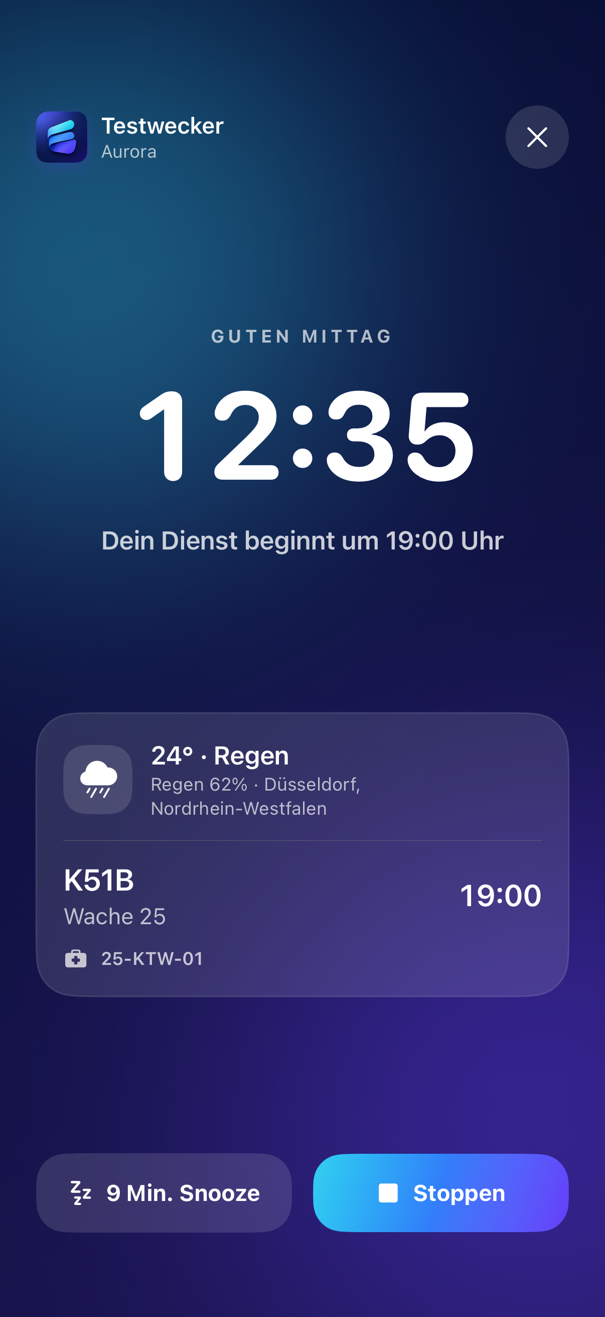 Dienora Heute-Ansicht mit Wecker